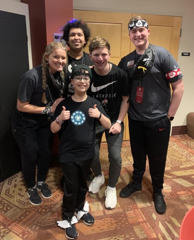 Josh with some other BuckeyeThon kids, and members from the Family Relations Committee during the 2020 Dance Marathon.