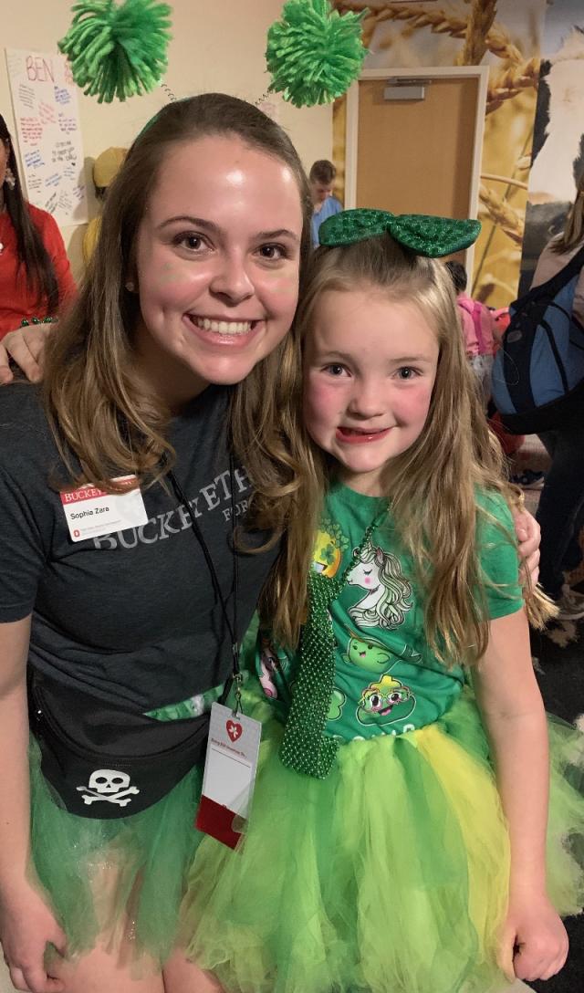 Regan with Sophie, a member of the Family Relations Committee, during BuckeyeThon 2019.